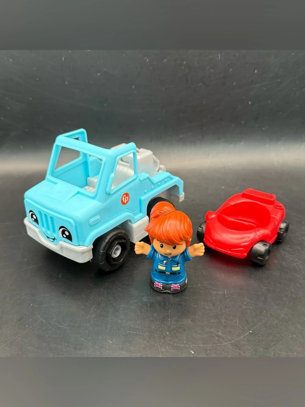 Fisher Price Little People Blue Tow Truck, Red Car, Female Tow Driver Lot Of 3